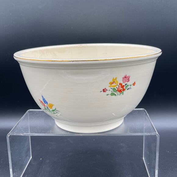 RARE Vintage Kitchen Kraft by HLC Doll\'s House Pattern Mixing Bowl with Gold Rim